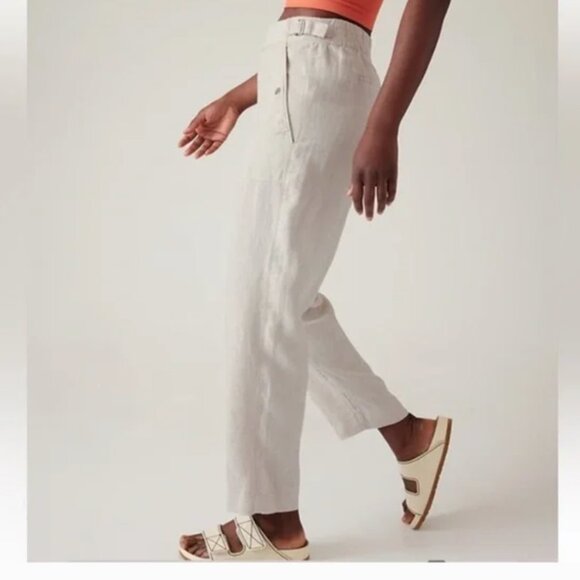 Athleta Voyager Linen Trouser Pants Size 16 Oatmeal Vacation Travel Athleisure - Picture 3 of 14